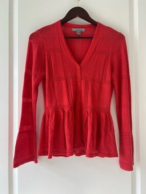 Pointelle Babydoll Flared Peplum Hem Knit Bohemian Sweater Coral Pink Size S